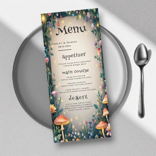Betoverde bos bos bos bloemen sprookje bruiloft menu