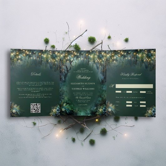 Betoverde bos bos bos sprookje bruiloft drieluik uitnodiging