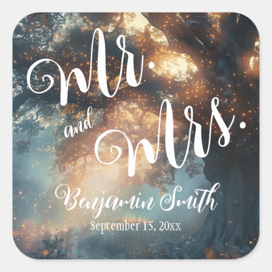 Betoverde Bos Eiken Boom Fairy Lights Bruiloft Vierkante Sticker (Voorkant)