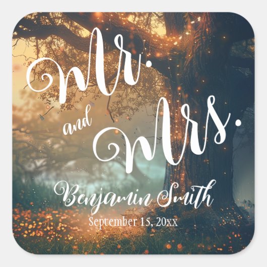 Betoverde Bos Eiken Boom Fairy Lights Bruiloft Vierkante Sticker (Voorkant)
