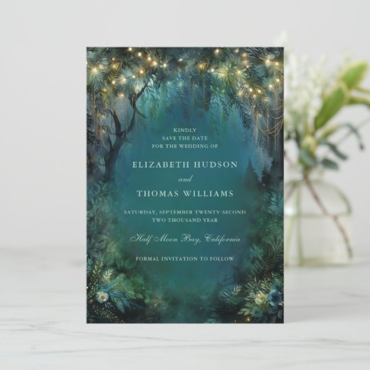 Betoverde Bos Fairy Lights Woodland bruiloft Save The Date (Staand voorkant)