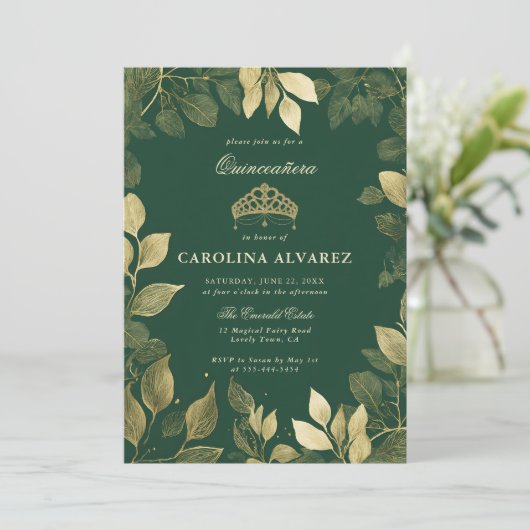 Betoverde bos faux gouden gebladerte Quinceanera Kaart (Staand voorkant)