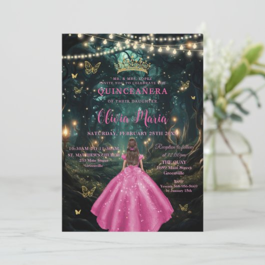 Betoverde bos fuchsia roze jurk XV Quinceañera Kaart (Staand voorkant)