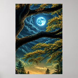 Betoverde Bos Gloeiende Blauwe Maan Nacht Kunstpri Poster