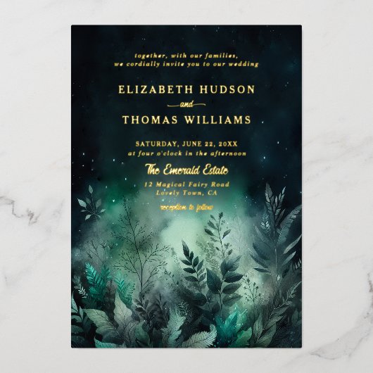 Betoverde Bos groen licht Moderne bruiloft Folie Uitnodiging (Voorkant)