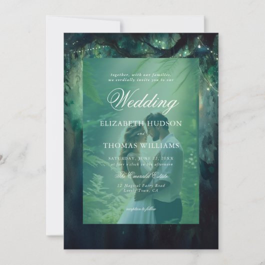 Betoverde Bos Hangende Groen Foto Bruiloft Kaart (Voorkant)