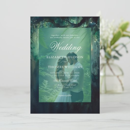 Betoverde Bos Hangende Groen Foto Bruiloft Kaart (Staand voorkant)