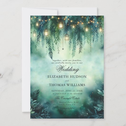 Betoverde Bos Hangende Lantaarns Fairy Bruiloft Kaart (Voorkant)