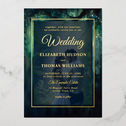 Betoverde Bos Hangende Wijnstokken Gouden Foto Bru Folie Uitnodiging (Voorkant)