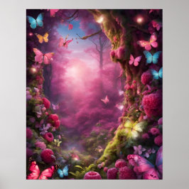 Betoverde Bos Magic FUSHIA vlinders bloemen Poster