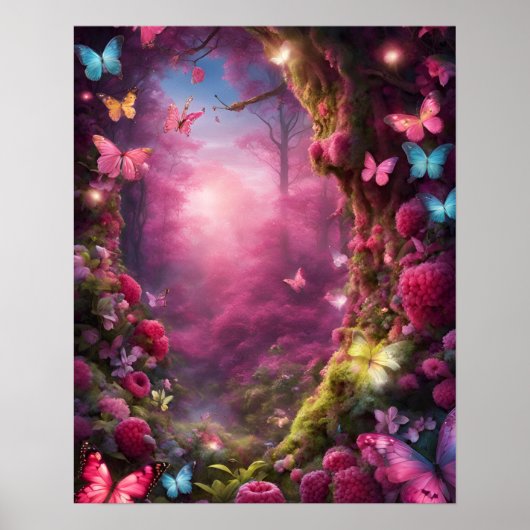 Betoverde Bos Magic FUSHIA vlinders bloemen Poster (Voorkant)