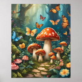 Betoverde Bos Magic Mushroom Vlinders Bloem Poster