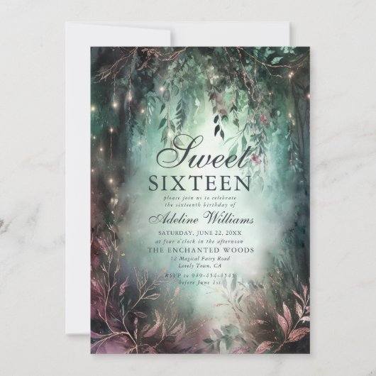 Betoverde bos magische kalligrafie Chic Sweet 16 Kaart (Voorkant)