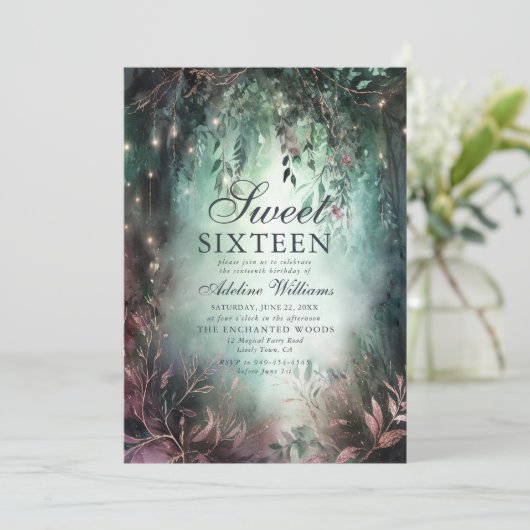 Betoverde bos magische kalligrafie Chic Sweet 16 Kaart (Staand voorkant)