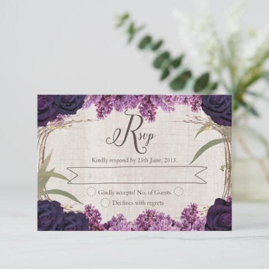 Betoverde Bos Paarse Bruiloft RSVP Kaart (Staand voorkant)