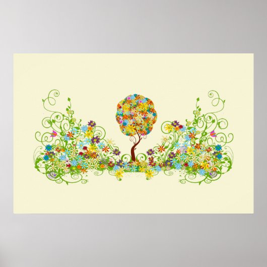 Betoverde Bos Patchwork Bloemachtige Sprookjesboom Poster (Voorkant)