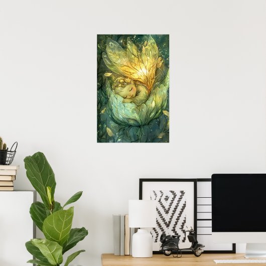 Betoverde Bos Pixie Fairy Slapen Bloem Petal Poster (Thuiskantoor)