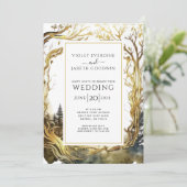 Betoverde Bos Portal Bruiloft Gouden Bomen Bruilof Kaart (Staand voorkant)