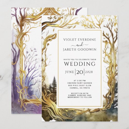 Betoverde Bos Portal Bruiloft Gouden Bomen Bruilof Kaart (Voorkant / Achterkant)