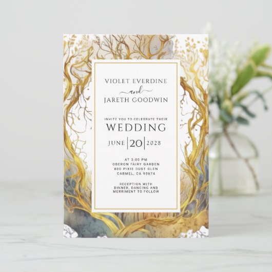 Betoverde Bos Portal Bruiloft uitnodiging Goud (Staand voorkant)