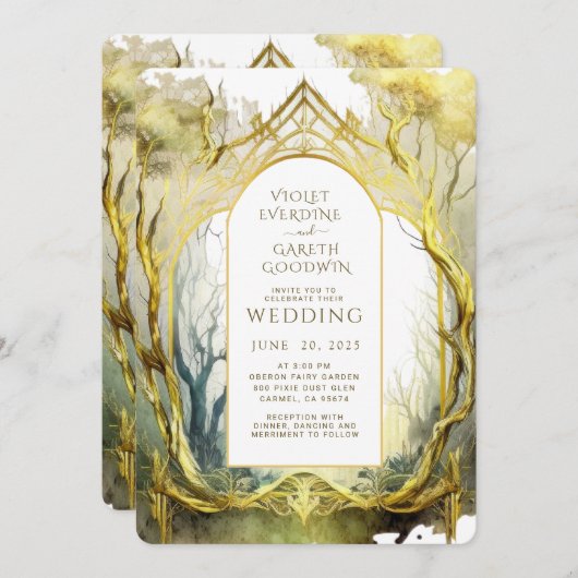 Betoverde Bos Portal Goud Lijst Bruiloft Kaart (Voorkant / Achterkant)