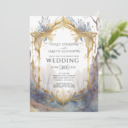 Betoverde Bos Portal Goud Violet Bruiloft Kaart (Staand voorkant)