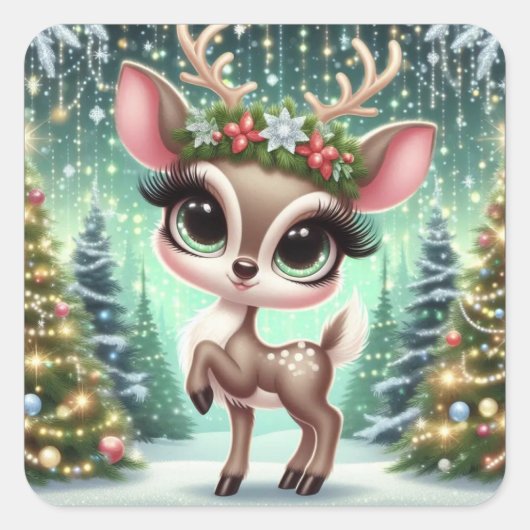 Betoverde Bos Rendier Prinses Vierkante Sticker (Voorkant)