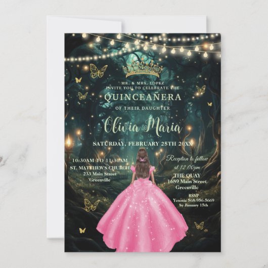 Betoverde bos roze jurk meisje goud quinceañera kaart (Voorkant)