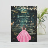 Betoverde bos roze jurk meisje goud quinceañera kaart (Staand voorkant)