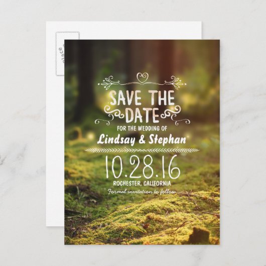 Betoverde bos rustiek save de datum briefkaarten (Voorkant / Achterkant)