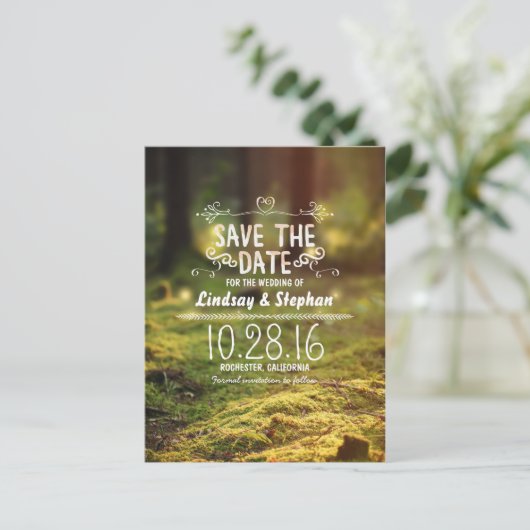 Betoverde bos rustiek save de datum briefkaarten (Staand voorkant)