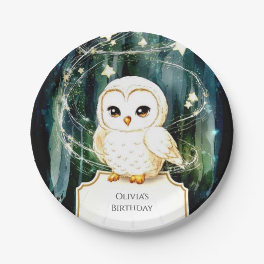 Betoverde Bos Uil Verjaardag Papieren Bordje (Voorkant)