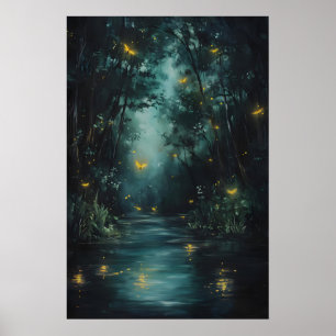 Betoverde bos vuurvliegjes kunst afdrukbaar magisc poster