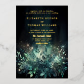 Betoverde bosbladeren lichten moderne bruiloft folie uitnodiging (Voorkant)