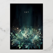 Betoverde bosbladeren lichten moderne bruiloft folie uitnodiging (Achterkant)