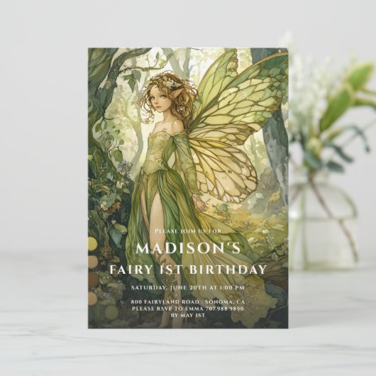 Betoverde bosfee 1e verjaardag kaart (Staand voorkant)