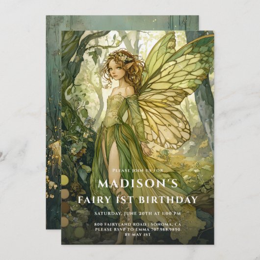 Betoverde bosfee 1e verjaardag kaart (Voorkant / Achterkant)