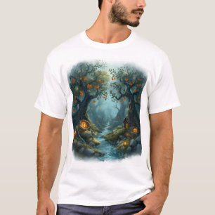 Betoverde boslandschap met sprookjeshuizen en zwev t-shirt