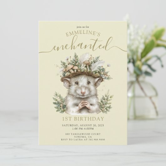 Betoverde bosmuis dier 1e verjaardag kaart (Staand voorkant)
