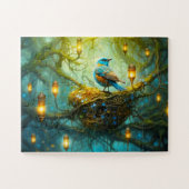 Betoverde bosscène met vogel en lantaarns legpuzzel (Horizontaal)
