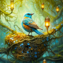 Betoverde bosscène met vogel en lantaarns legpuzzel