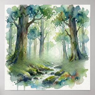 Betoverde Bosstroom: Ethische Groene Waterverf Poster