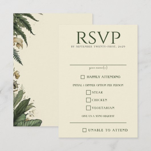  betoverde bosvoedsel keuzes RSVP kaartje (Voorkant / Achterkant)