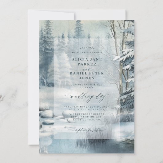 Betoverde dennenbomen bos rustieke winter bruiloft kaart (Voorkant)