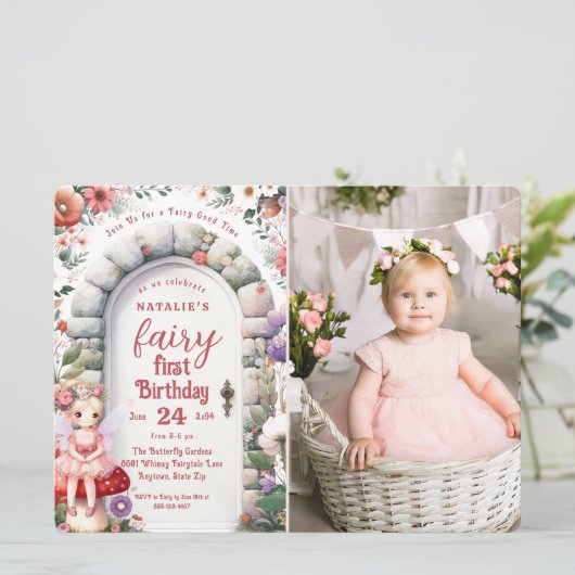 Betoverde Doorway Fairy Eerste Verjaardagsfeestfot Kaart (Staand voorkant)