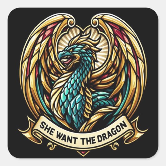 Betoverde Dragon Stain Glass Design Vierkante Sticker (Voorkant)