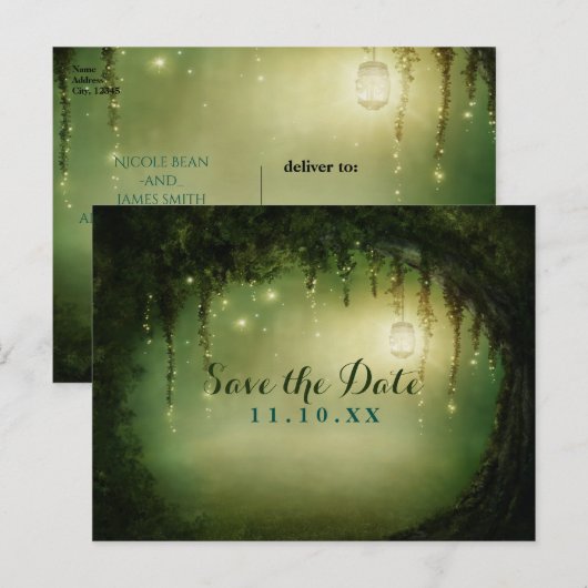 Betoverde Dromerige Bos Rustiek Save the Date Aankondigingskaart (Voorkant / Achterkant)