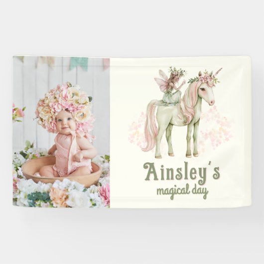 Betoverde Eenhoorn en Fairy Custom Photo Verjaarda Spandoek (Horizontaal)