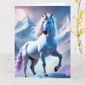 Betoverde Eenhoorn in een Besneeuwde Fantasie Kaart (Gele Bloem)