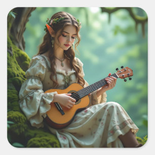 Betoverde Elfenfee die Ukulele Speelt Vierkante Sticker